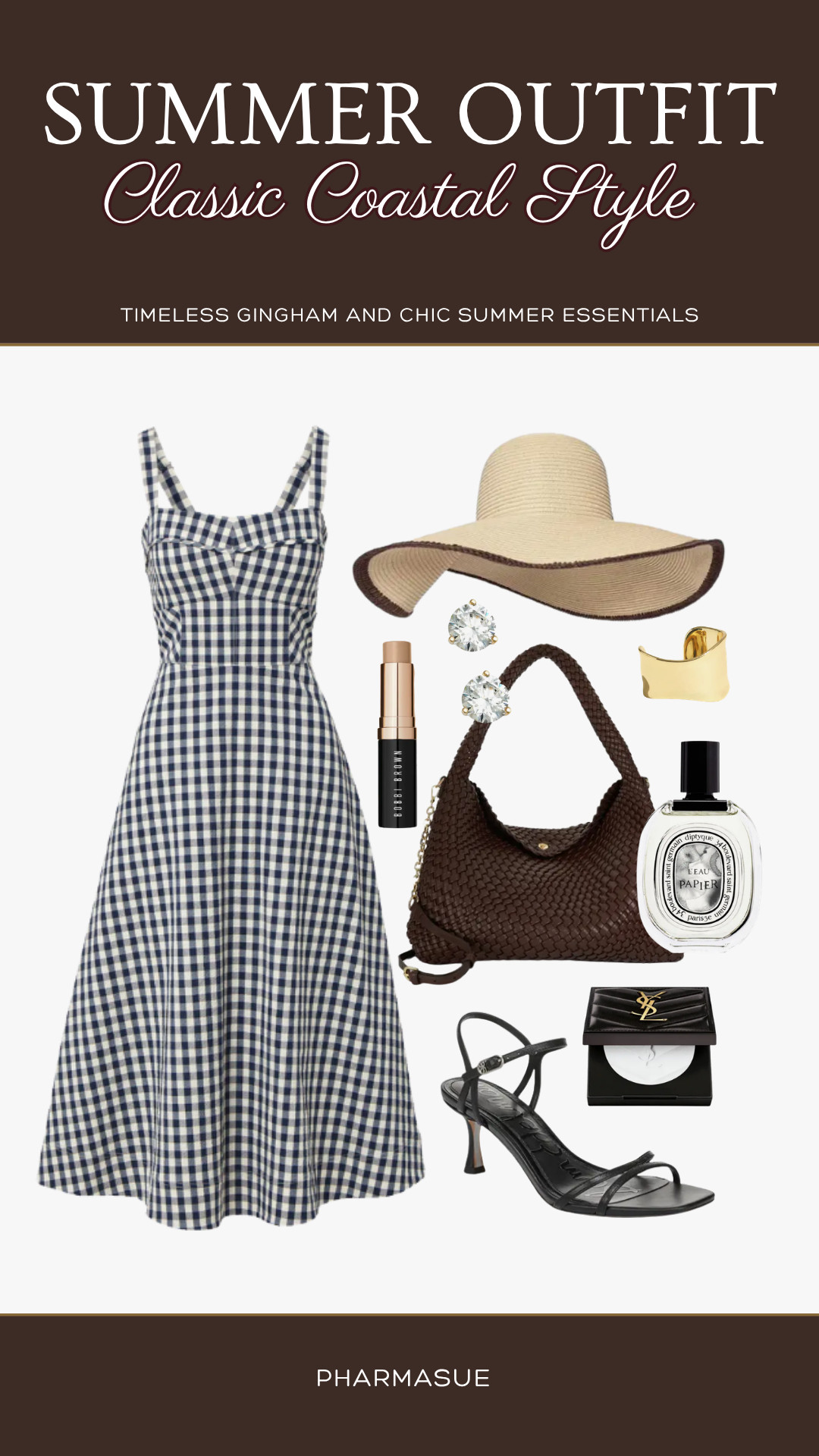 Classic coastal style never goes out of fashion. This navy gingham midi dress paired with rich brown accessories is the perfect blend of timeless and chic. From summer brunches to seaside strolls, these elevated essentials create an effortless, polished look you'll wear on repeat. Linking all the details ✨ 

 #LTKSeasonal #LTKOver40 #LTKTravel
