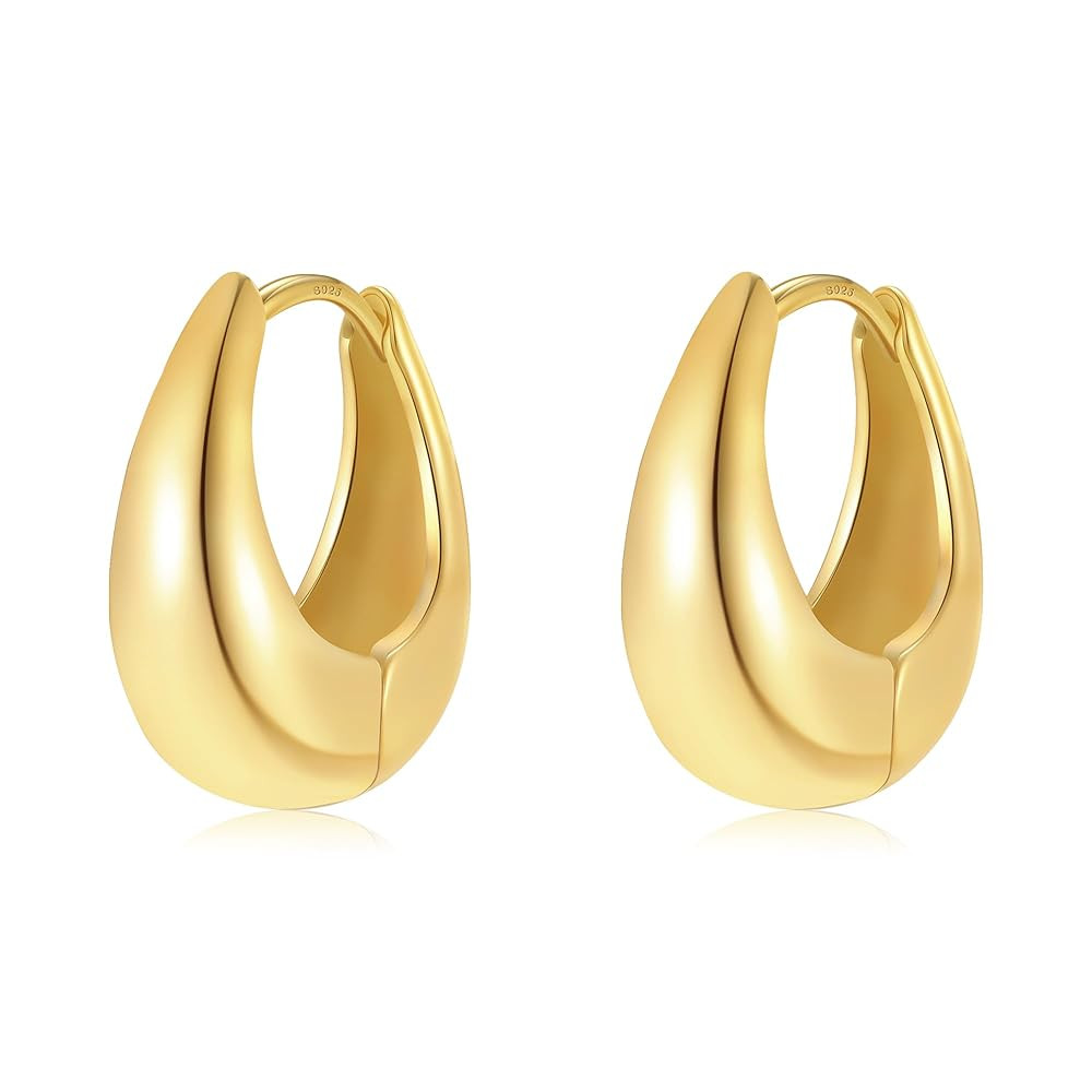Small Chunky Gold Hoops Teardrop Huggie Earrings 925 Sterling Silver Post 14k Gold Plated Oval Th... | Amazon (US)