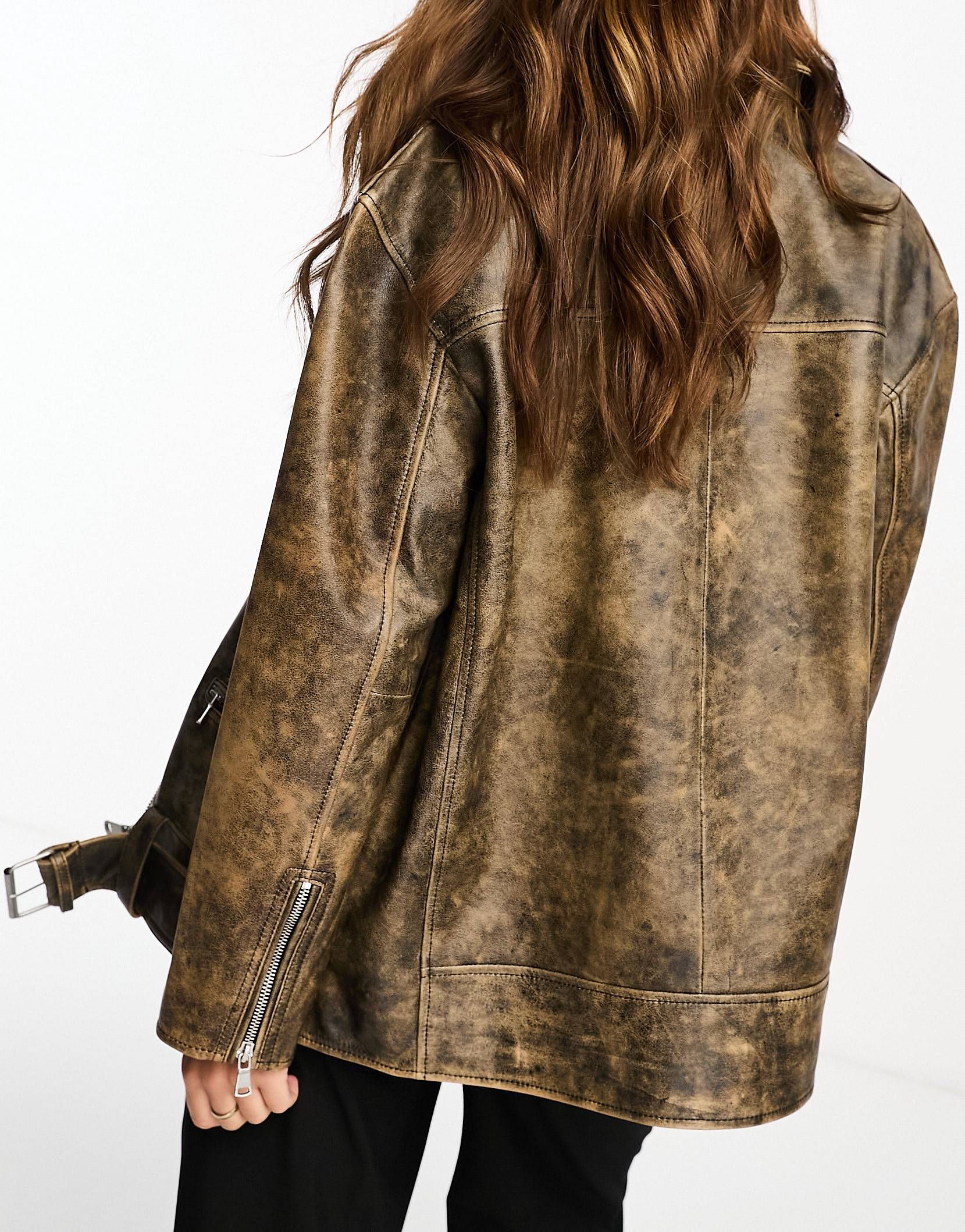 ASOS DESIGN premium washed real leather oversized biker jacket in brown | ASOS (Global)