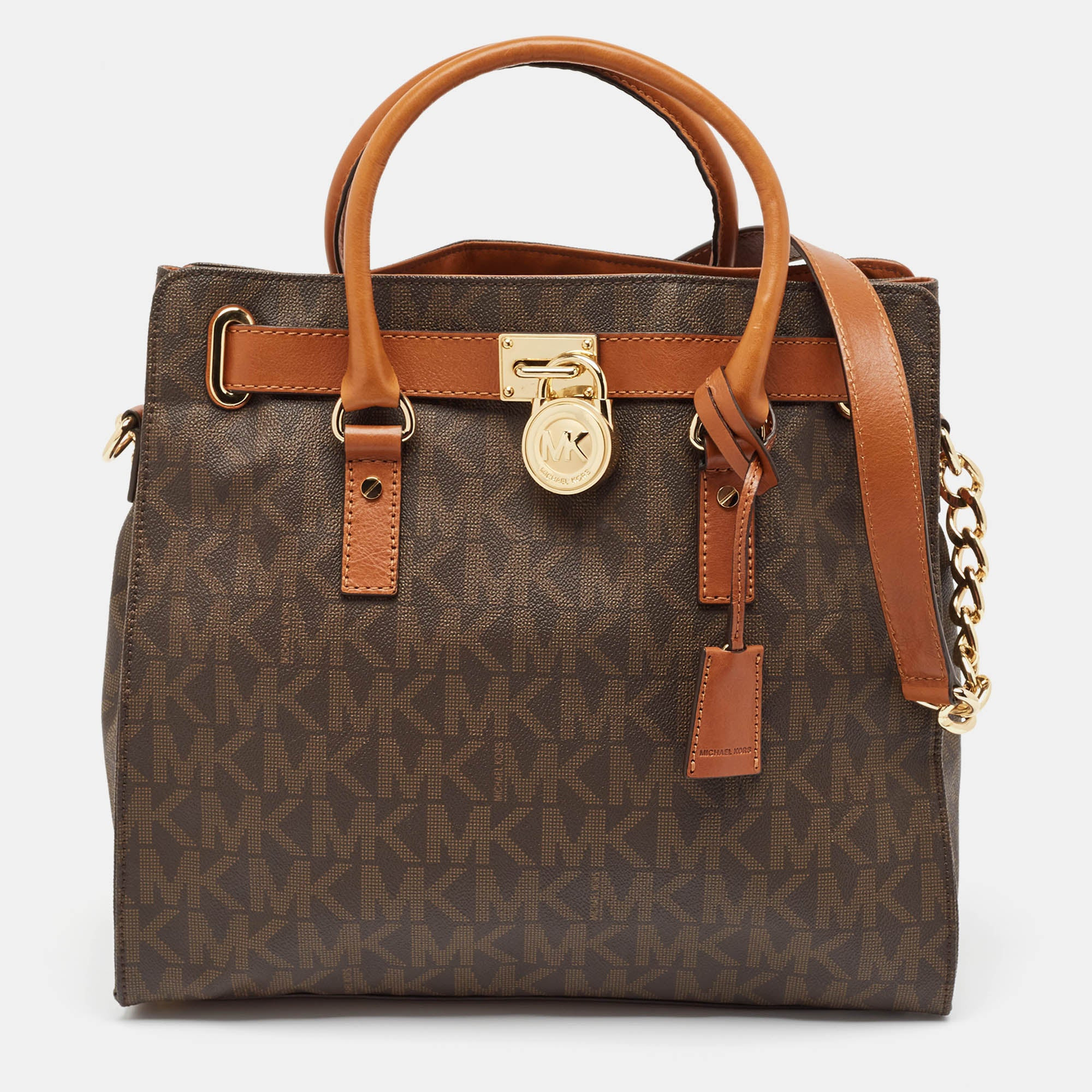 Michael Kors Brown Signature Coated Canvas And Leather Hamilton North South Tote | Shop Simon