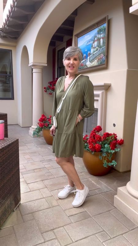 Great casual dress outfit. Amazon olive green tiered dress (s)/platform sneakers (8)/white crossbody/silver bracelet, watch/ pave ball post earrings/ Bombas socks
#ltksalealert
#ltkitbag
#ltkfind


#LTKSeasonal #LTKunder50 #LTKFestival