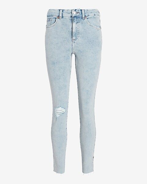 High Waisted FlexX Marbled Ripped Raw Hem Skinny Jeans | Express