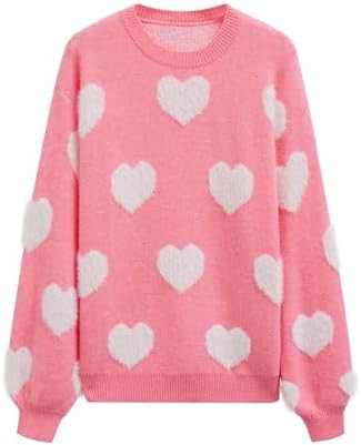 CHICWISH Women Cute Fuzzy Hearts Knit Sweaters Soft Long Sleeve Crewneck Romantic Valentine Party... | Amazon (US)