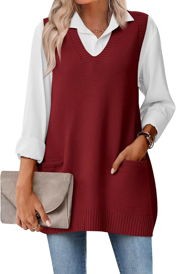 Zeagoo Women's Sweater Vest 2025 Oversized Sleeveless V Neck Pullovers with Pocket Knitted Fall O... | Amazon (US)