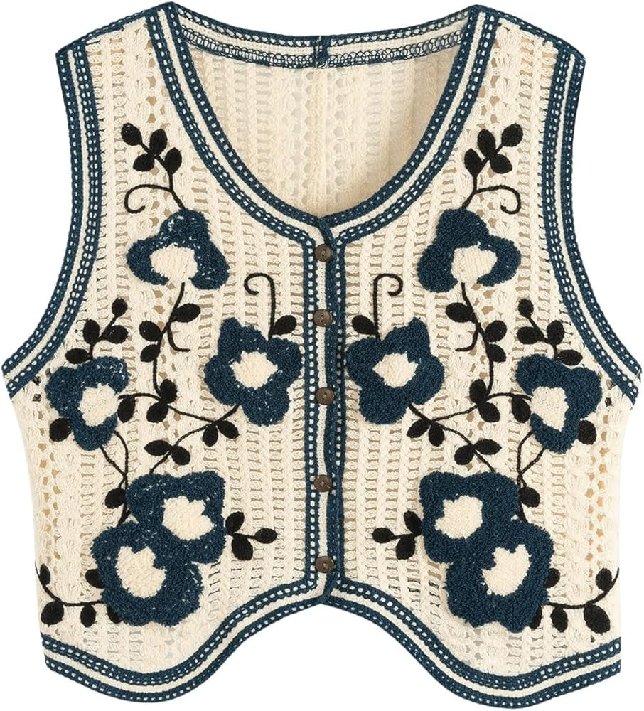 Verdusa Women's Button Front V Neck Sleeveless Checkered Knit Sweater Vest | Amazon (US)