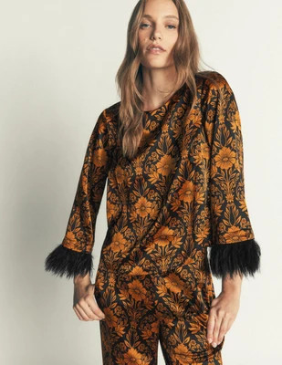 Faux Feather Cuff Party Top-Cognac, Flourishing Sprig | Boden (US)