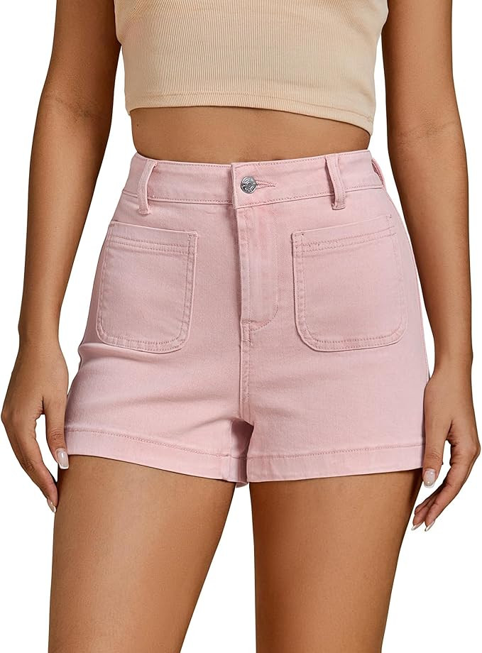luvamia Jean Shorts for Women High Waisted Trendy Flat Pockets Cutoff Stretchy Denim Shorts Casua... | Amazon (US)