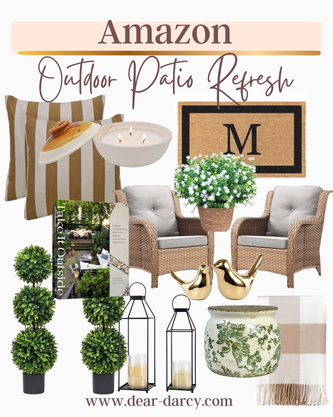Amazon outdoor porch refresh 

Perfect pieces for your patio. This spring!

-Cushioned whicker chairs  set of two
-monogram door mat
-green topiary’s 
- stripped pillows
-citronella candle
- coffee table book on outdoor living
- standing lanterns 
-Beautiful green floral pot
-Gold birdies for the table
-Beautiful soft checkered blacker for chilly morning or evenings 
-silk floral in pot

#LTKSeasonal #LTKHome #LTKSaleAlert
