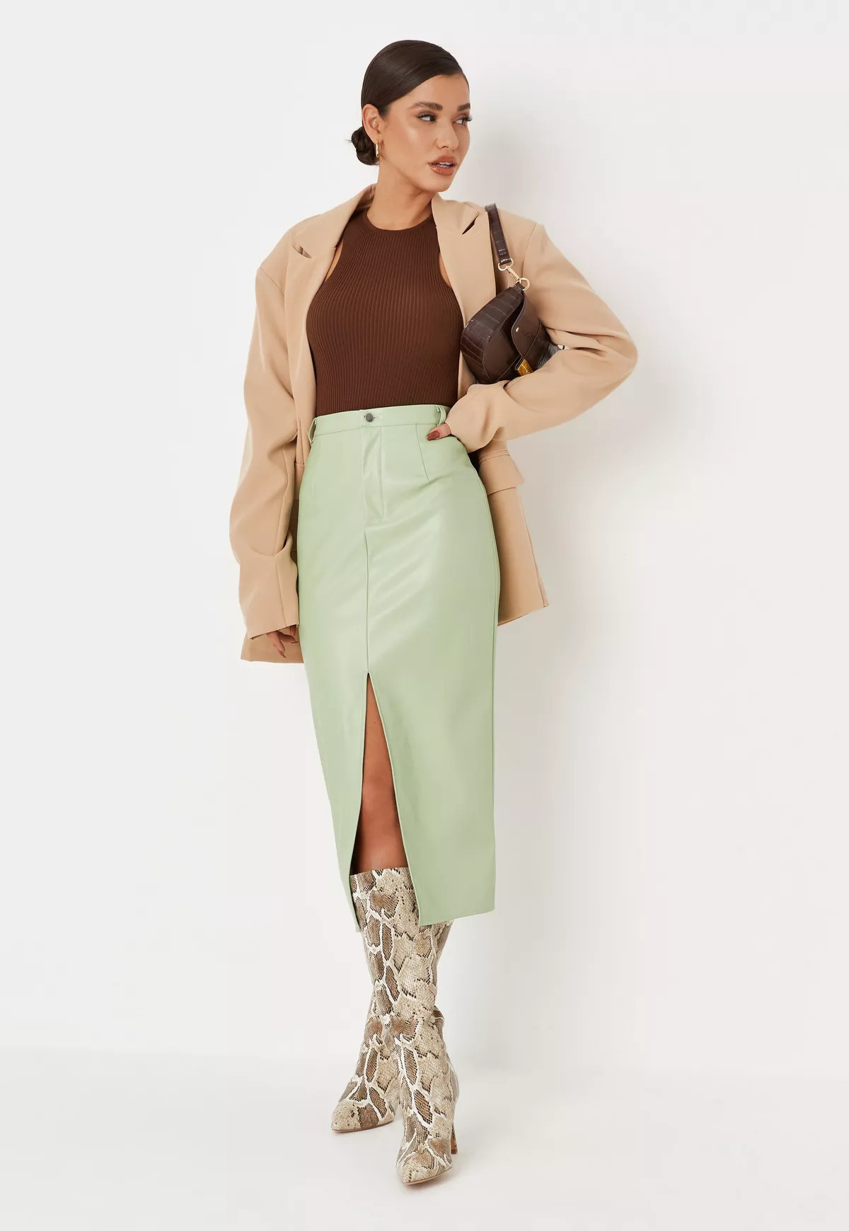 Missguided - Green Faux Leather Split Front Midi Skirt | Missguided (US & CA)