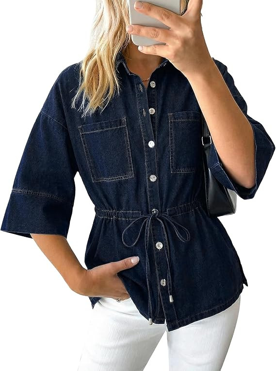 Women Denim Shirts Oversized Long Sleeve Button Down Blouse Fall V Neck Casual Top Trendy Drawstr... | Amazon (US)