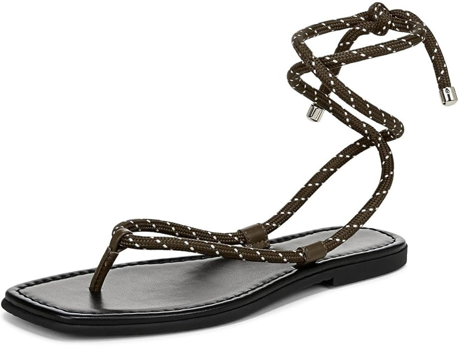 Rope Flat Sandals for Women Lace Up Open Square Toe Thong Sandals Adjustable Ankle Strap Summer B... | Amazon (US)