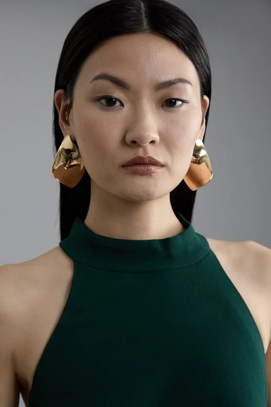 Compact Stretch Essential Tailored High Neck Dip Hem Midi Dress | Karen Millen UK + IE + DE + NL