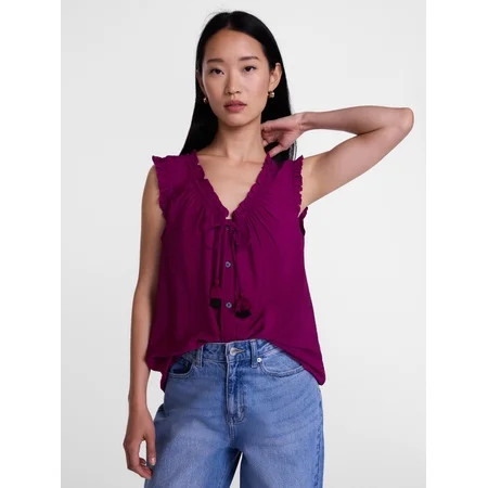 Scenario Women s and Women s Plus Ruffle Neck Tank Top with Tie Front  Sizes XS-4X | Walmart (US)