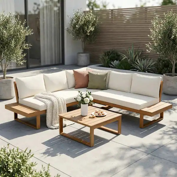 Outdoor 4 pieces V-Shaped Acacia Wood Sectional Sofa Set - White | Bed Bath & Beyond