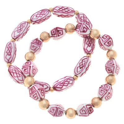 Katherine Chinoiserie & Ball Bead Bracelets in Pink & White (Set of 2) | CANVAS