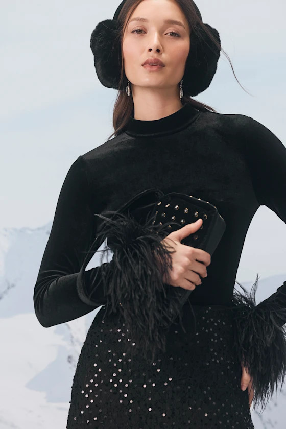 Malva Black Velvet Feather Cuff Long Sleeve Top | Lulus