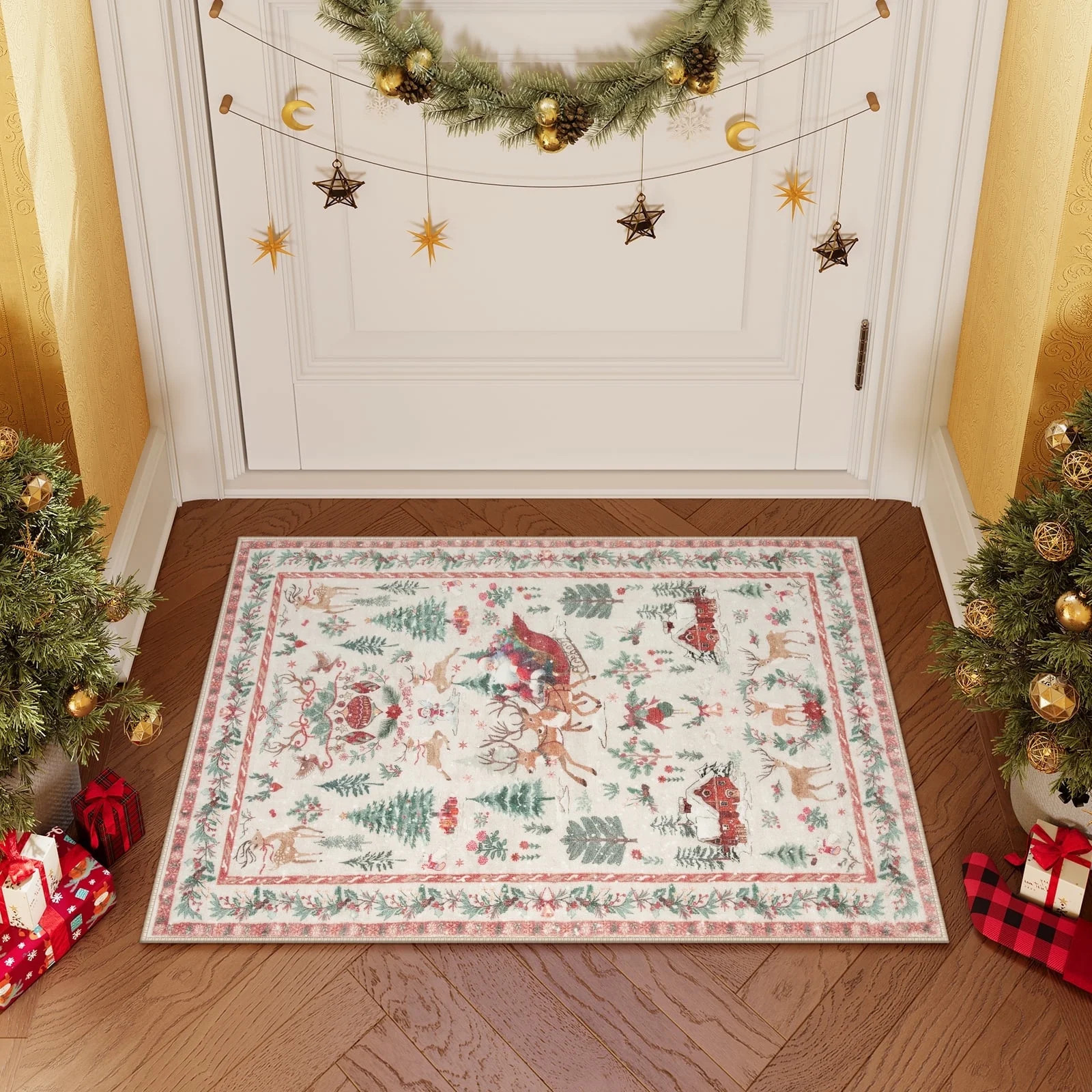 Lahome Decor Christmas Area Rug,2'x3',Elk, Snowflakes, Christmas Tree, Sleigh, House Pattern, Non... | Walmart (US)