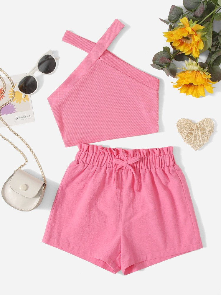 SHEIN Girls Criss Cross Halter Top & Paperbag Waist Knot Front Shorts
       
              
    ... | SHEIN