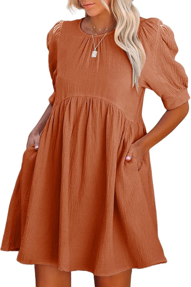 Midusany Womens Crew Neck Dress Puff Sleeve Button Empire Waist A-Line Swing Casual Mini Dress wi... | Amazon (US)