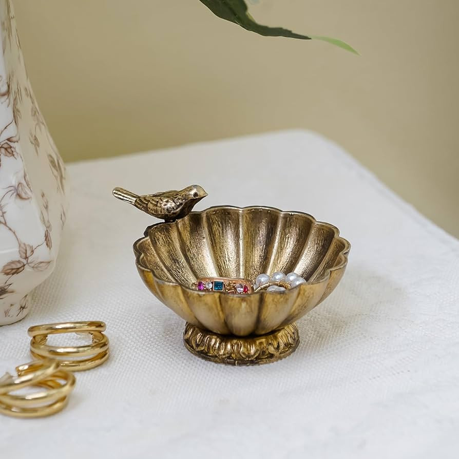 NIKKY HOME Antique Trinket Bowl Dish, Vintage Golden Metal Jewelry Tray with Bird, Ring Holder Cl... | Amazon (US)