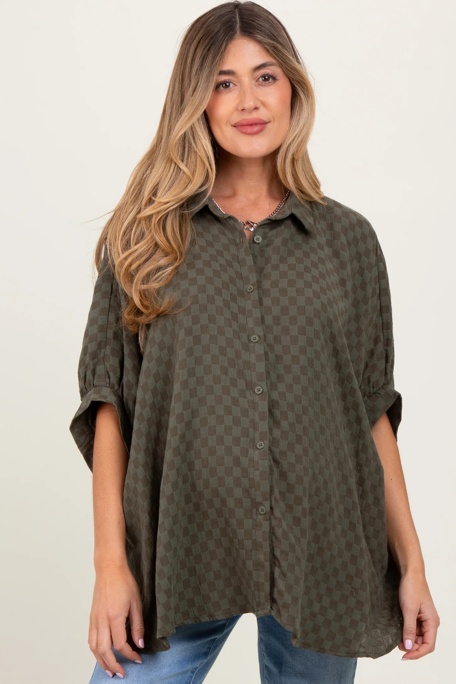 Olive Checker Print Short Sleeve Oversized Maternity Blouse | PinkBlush Maternity