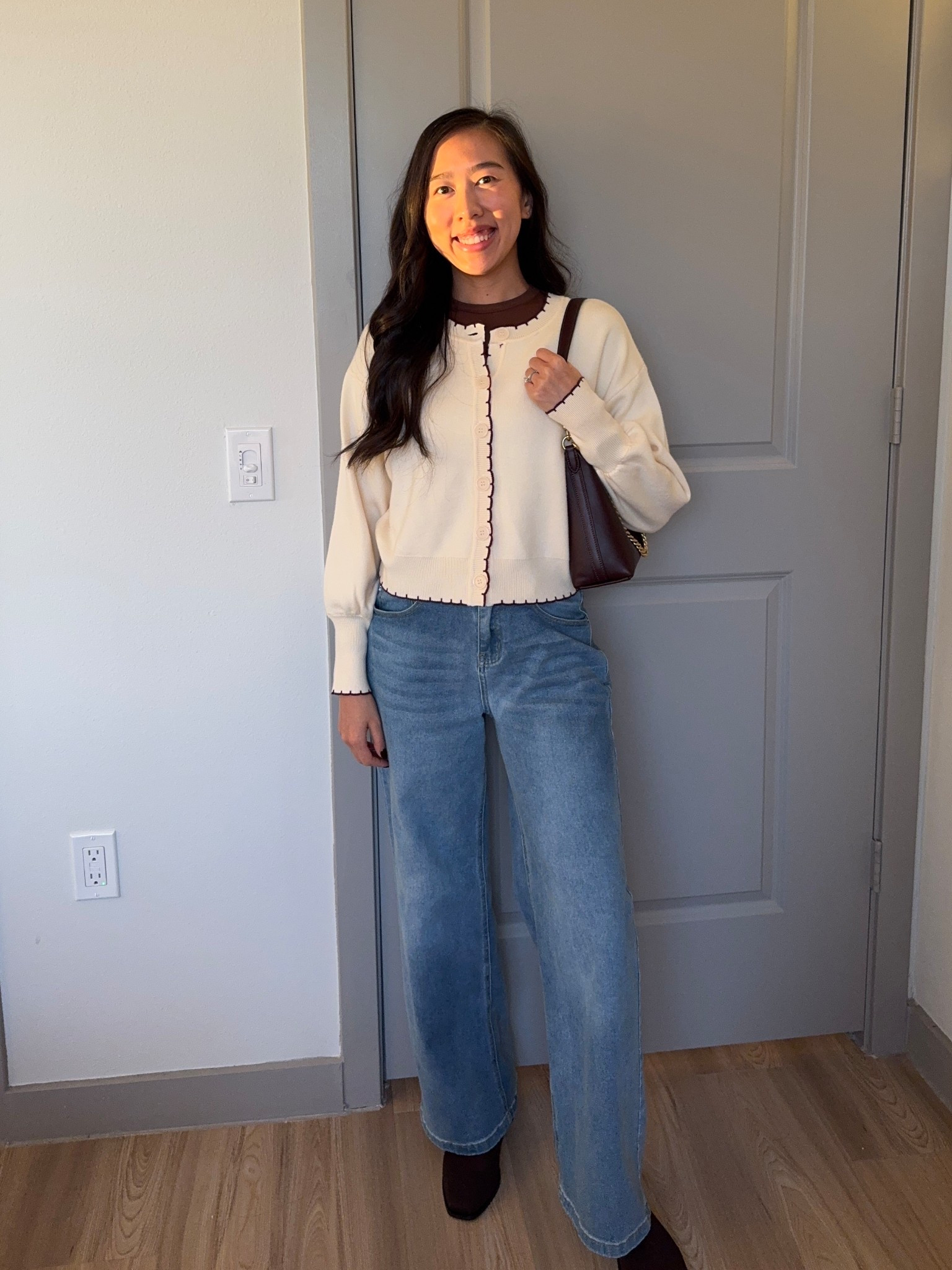 Cardigan (Tj Maxx), brown long sleeve seamless top (XS), jeans (XS), wide leg jeans, stretchy jeans, Amazon jeans, brown boots 

#LTKFindsUnder100 #LTKSaleAlert #LTKHoliday