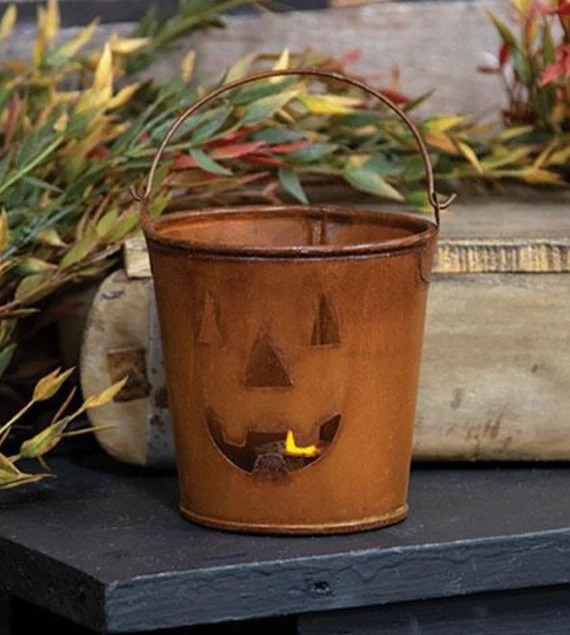 Sm. Rustic Farmhouse Halloween Jack O Lantern Rusty Pail Rust - Etsy | Etsy (US)