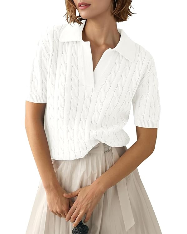 Womens Short Sleeve Sweater Tops Cable Knit Casual Summer V Neck Polo Shirts | Amazon (US)