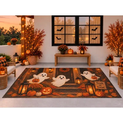 5' x 7' Outdoor Area Rug, Cute Ghost Trick or Treat Pumpkins Halloween Pattern, Waterproof PVC Coil Loop Carpet, Heavy Duty Quick Dry Mat for Porch De | Wayfair North America