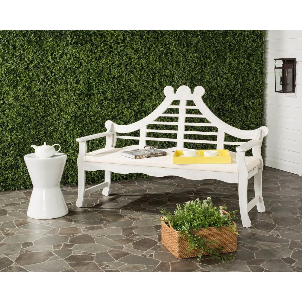 Azusa 62.8 in. 3-Person Antique White Acacia Wood Outdoor Bench with Beige Cushions | The Home Depot