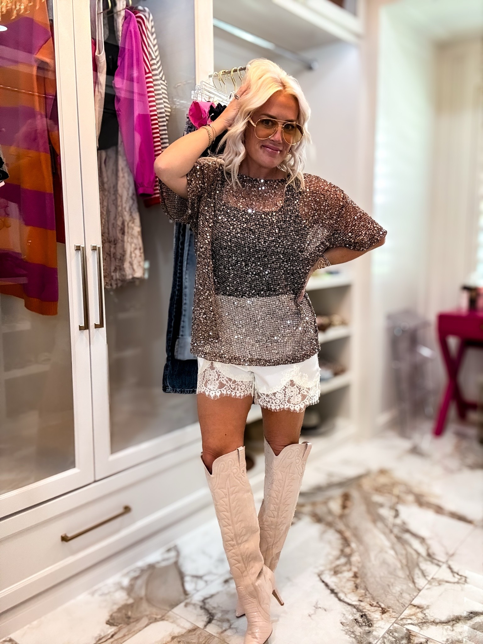 Styling lace satin shorts 
Shorts medium 
Sequin top large