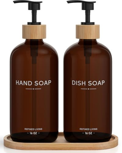 Hand and Dish Soap Dispenser Set,16oz Glass Bottles with Printed Labels, Bamboo Tray & Pump,Countertop Soap Dispensers for Kitchen,Luxury, Minimalist & Farmhouse Decor (Hand Dish (Amber)) | Amazon (US)
