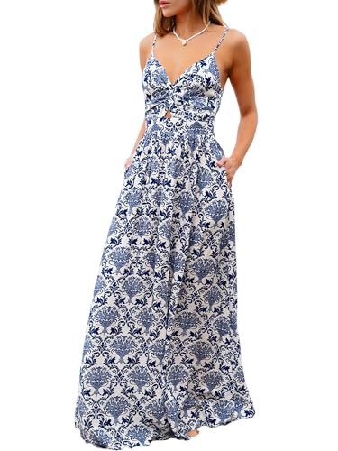 CUPSHE Womens Maxi Dresses Sundress V Neck Sleeveless Paisley Summer Beach Cutout Casual Long Formal Dress Blue Printed, S | Amazon (US)