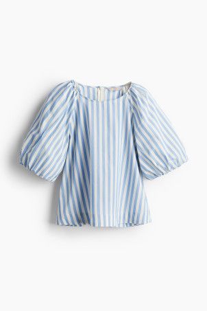 Puff-sleeved Blouse - Round Neck - Short sleeve - White - Ladies | H&M US | H&M (US + CA)