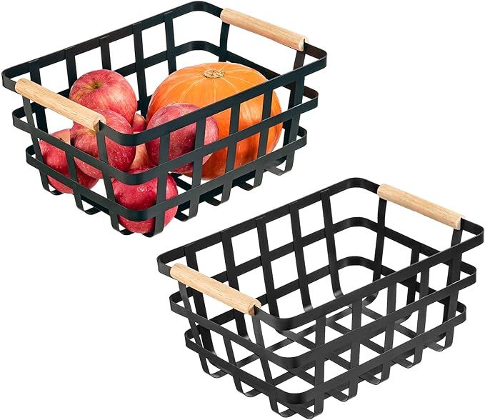 Farmhouse Baskets Wire Metal Baskets Storage Organizer Fruit Bin with Wood Handles for Pantry Cab... | Amazon (US)