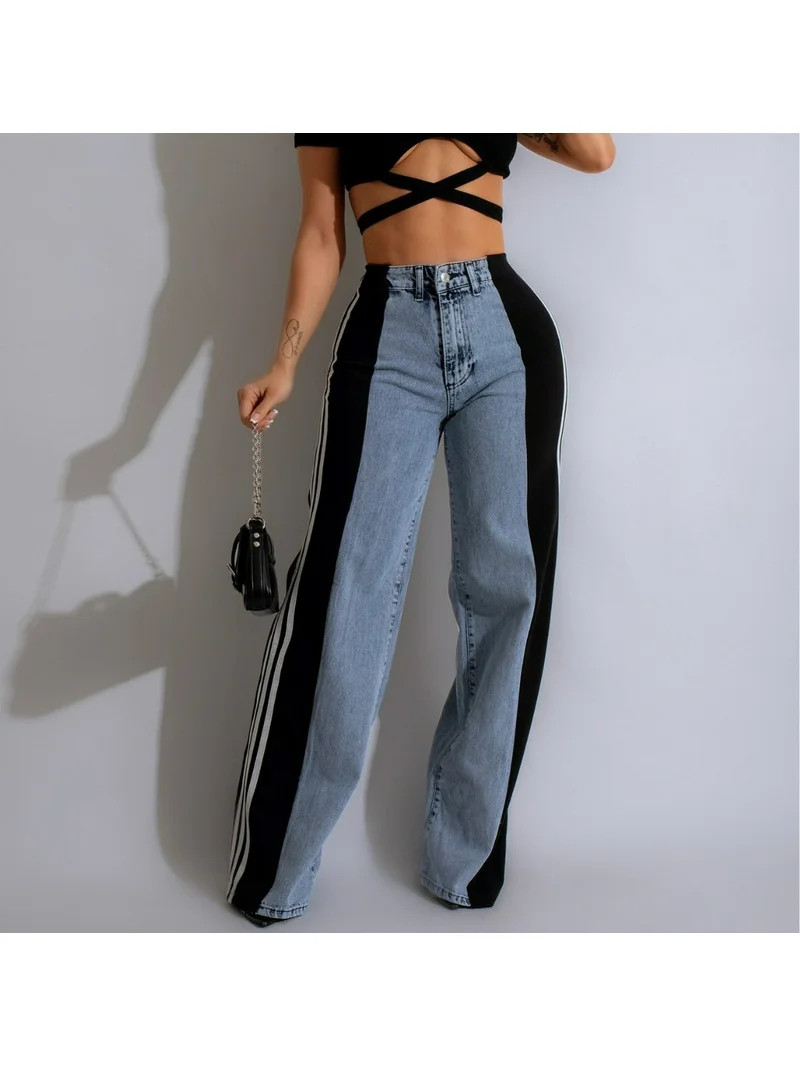 Two-Tone High-Waisted Wide-Leg Jeans with Striped Side Panels | Walmart (US)