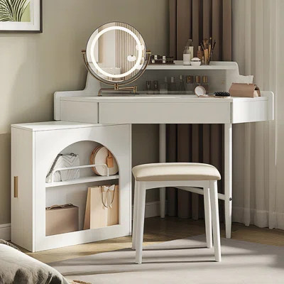 Corner Makeup Vanity Desk With Mirror & Led Lights, Modern Vanity Set With Mirror And Stool | Wayfair North America