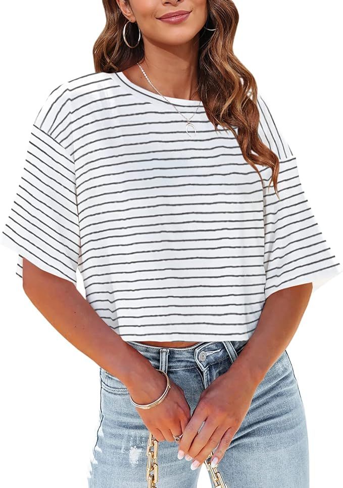 Tankaneo Women Half Sleeve Cropped T-Shirts Drop Shoulder Round Neck Crop Tops Casual Summer Soli... | Amazon (US)