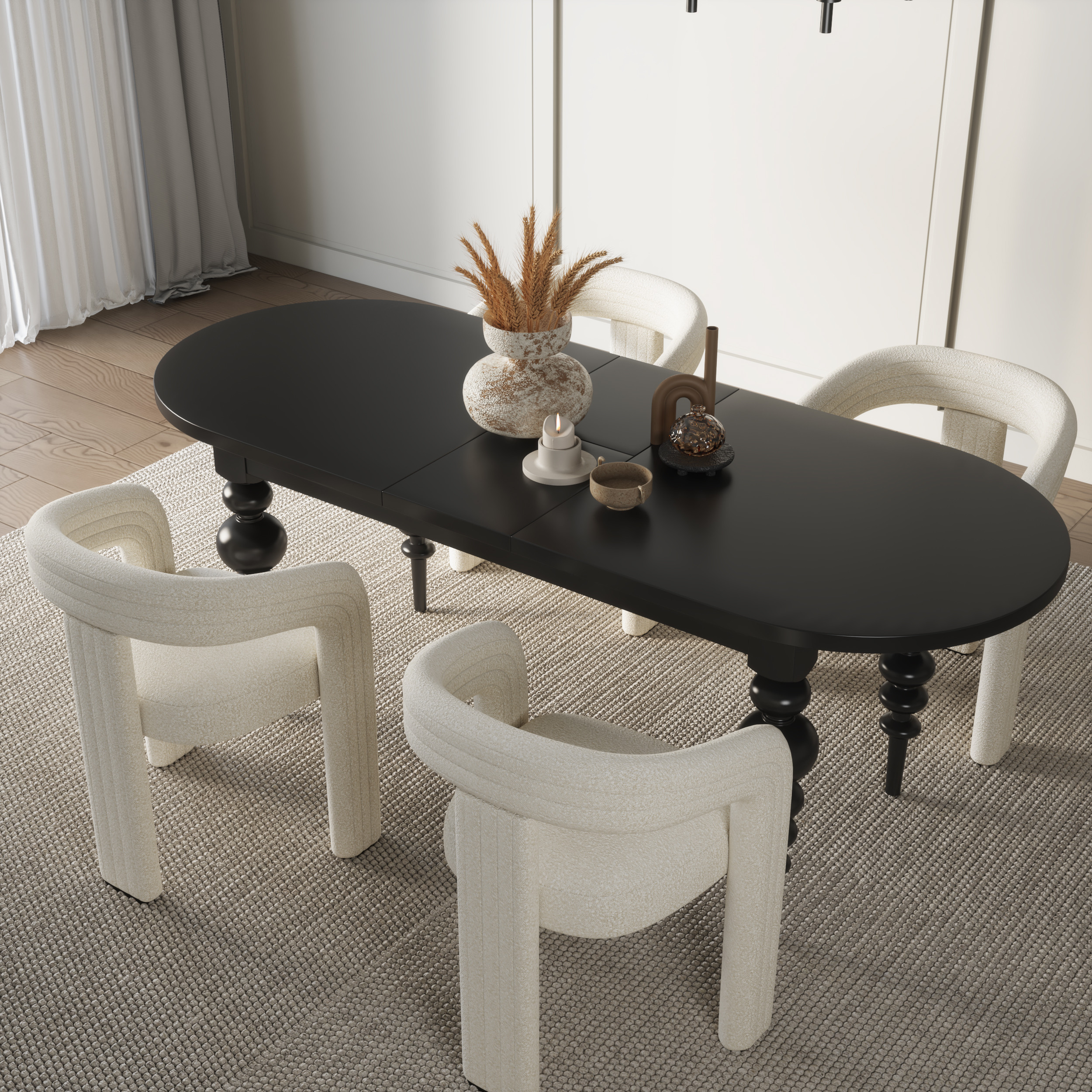 Dining Table Set 67"-79" Oval Extendable Dining Table Black & 4 White Boucle Back C-Shaped Dining Chairrs | Homary