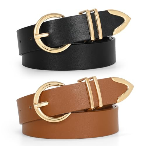VONMELLI 2 Pack Women's Leather Belts for Jeans Pants Fashion Gold Buckle Ladies Belt Black Brown, S | Amazon (US)