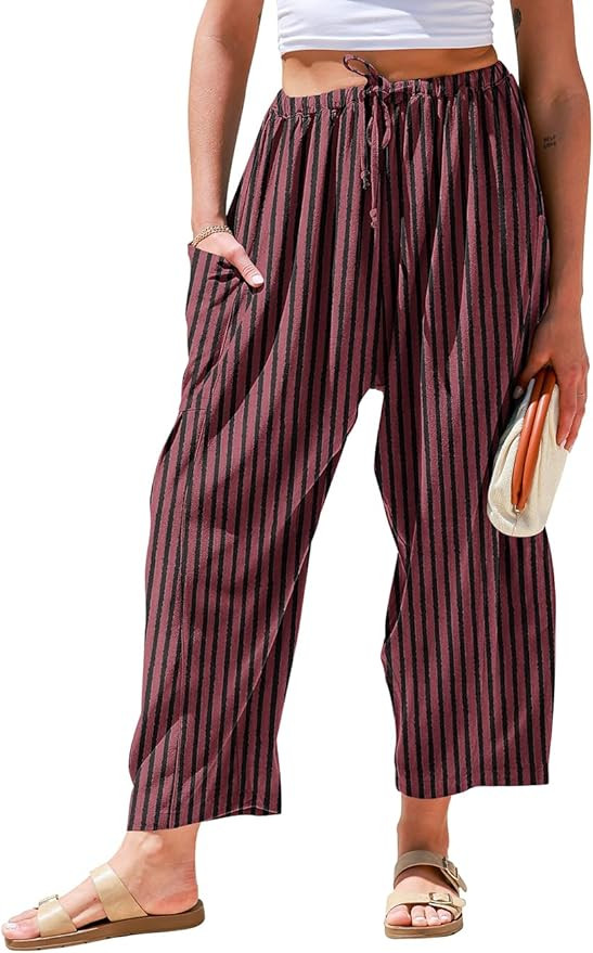 TARSE Womens Linen Wide Leg Pants Casual Loose Drawstring Summer 2025 Beach Travel Vacation Palaz... | Amazon (US)