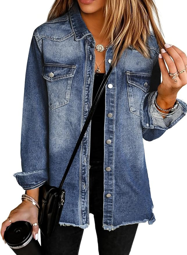 Womens Oversized Button Down Frayed Hem Denim Shacket Casual Long Sleeve Jean Jackets 2026 Spring... | Amazon (US)