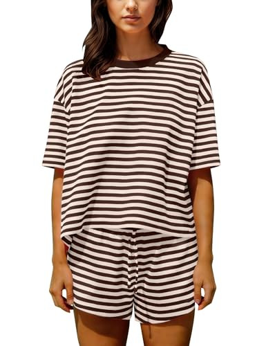 Ythomm Striped Pajamas Shorts Sets Women 2 Piece Lounge Outfits Short Sleeve Tees Drawstring Shor... | Amazon (US)