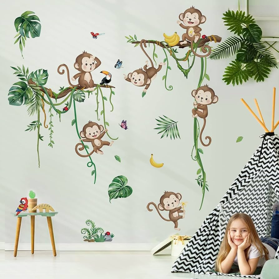decalmile Jungle Monkey Climbing Tree Wall Decals Jungle Animals Vine Leaves Wall Stickers Baby N... | Amazon (UK)