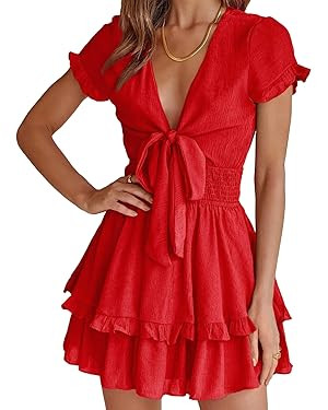 PRETTYGARDEN Women's 2023 Summer Swing Mini Dress Tie Front V Neck Short Sleeve Ruffle Layer A-Li... | Amazon (US)
