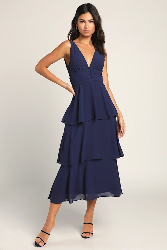 Celebration Time Navy Blue Sleeveless Tiered Midi Dress | Lulus