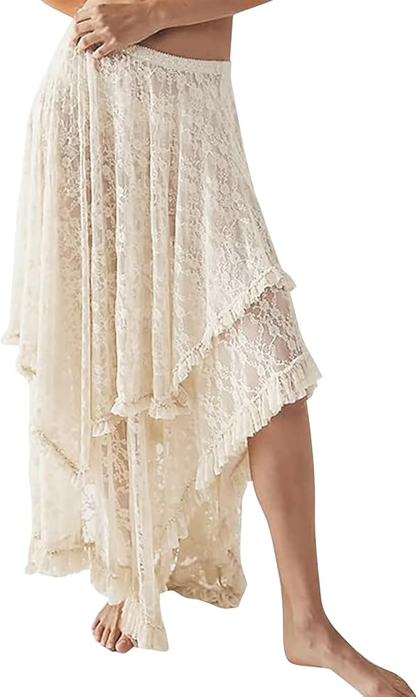YKR Womens Lace Long Skirts Elastic Asymmetrical Layered Hem Sexy See-Through Flowy Skirts Floral... | Amazon (US)