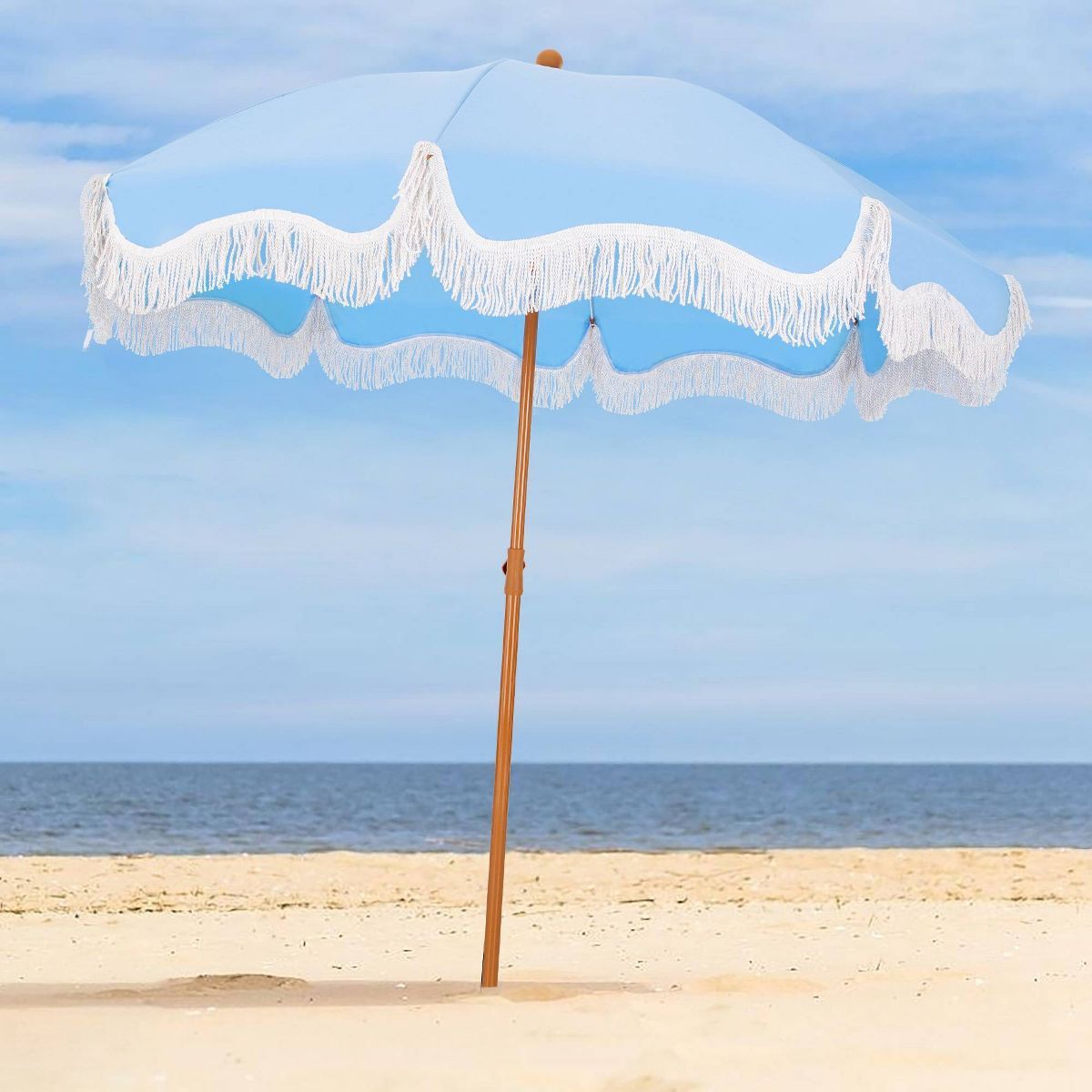 Captiva Designs 7ft Fringed Elegant Valance Tilt Patio Market Umbrella Blue | Target