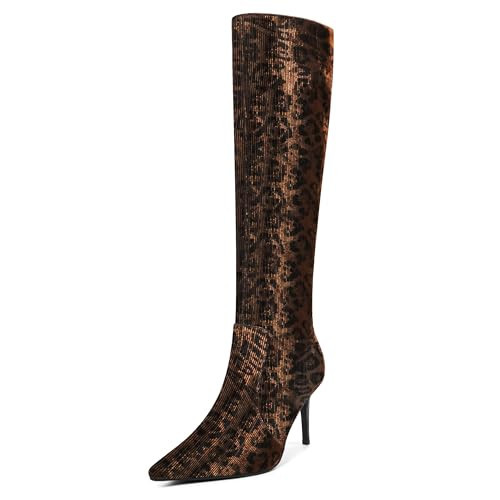 COMJUY Gold Leopard Print Knee High Boots Women 3.3in Stiletto High Heel, Cheetah Print Tall Boots Dress Boots for Women with Side Zipper Pointed Toe, Animal Print Below the Knee Long Boots Size 9 | Amazon (US)