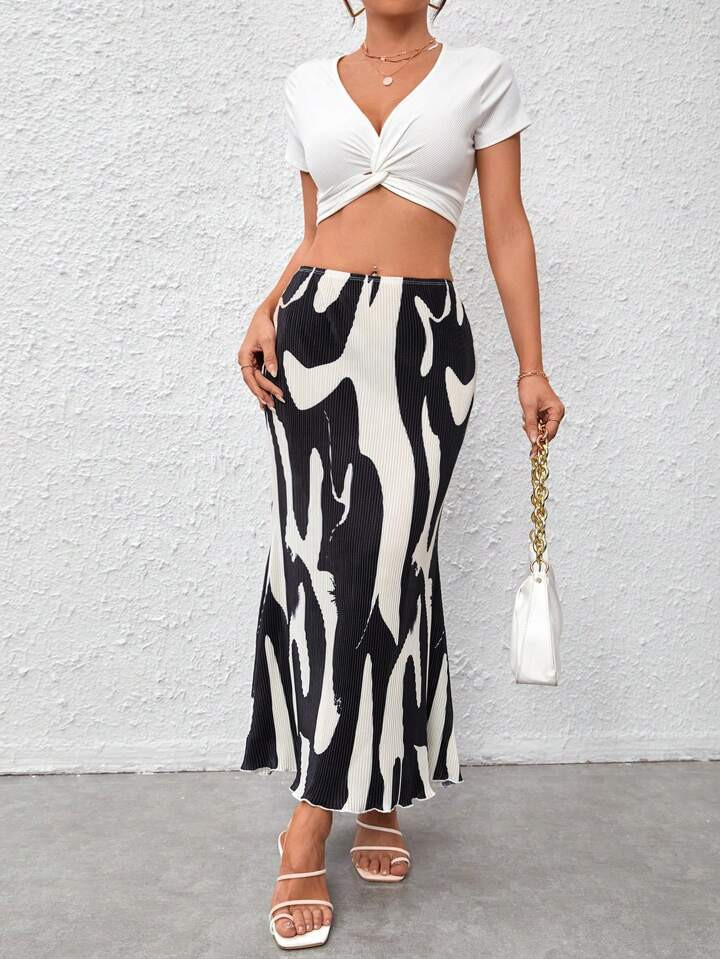 SHEIN Privé Allover Print Mermaid Hem Skirt | SHEIN